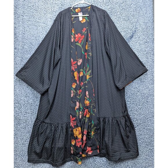 June + Vie Floral Reversible Kimono Duster Size 1X 22/24 Polka Dot Satin Black - Picture 3 of 12